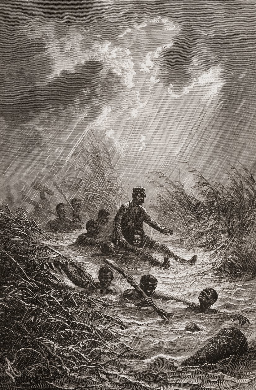 Tohtori David Livingstone kantoi suon läpi hänen Afrikan-retkellään vuonna 1872, kuvitus teoksesta "Maailma käsissä", kaiverrettu Charles Laplante tekijältä Edouard Riou