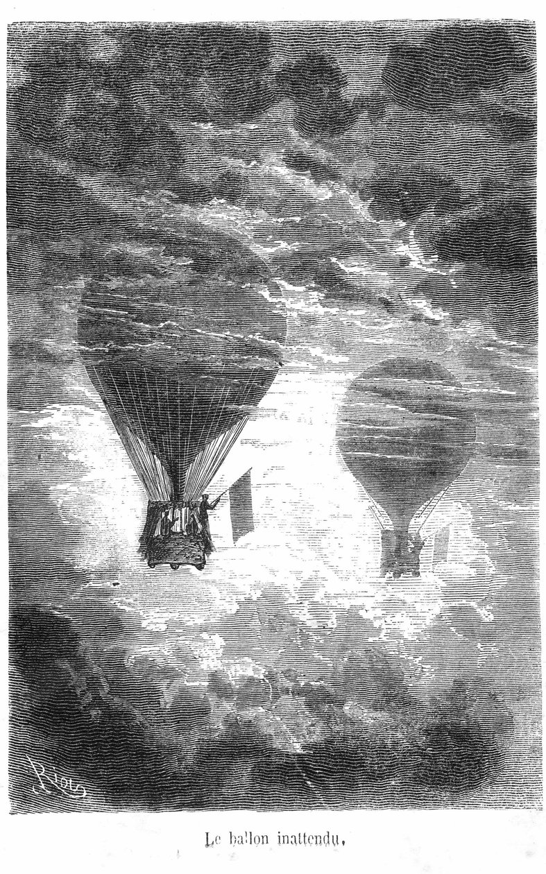 Piirros Jules Vernen kirjasta "Five weeks en Ballon" -kokoelma Hetzel/Extraordinary Travels. Victoria Balloon kohtaa toisen ilmapallon pilvissä tekijältä Edouard Riou