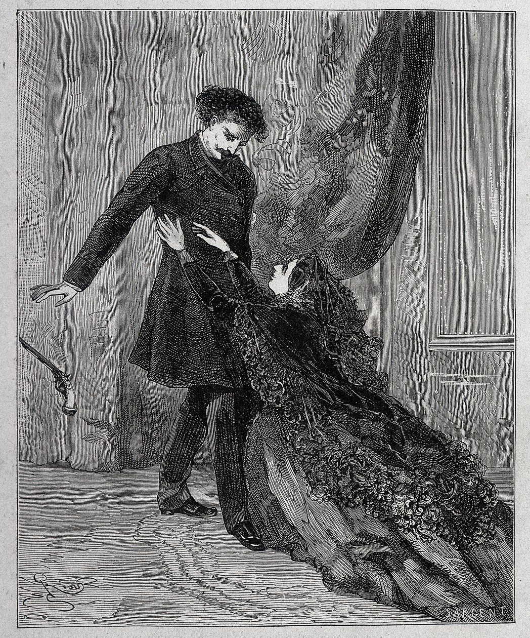 Edmond Dantes et Mercedes - Kaiverrus Riou, kirjassa "" Monte Criston kreivi"" (Monte-Cristo), kirjoittanut Alexandre Dumas pere (1802-1870), toim. Jules Rouff & Cie tekijältä Edouard Riou