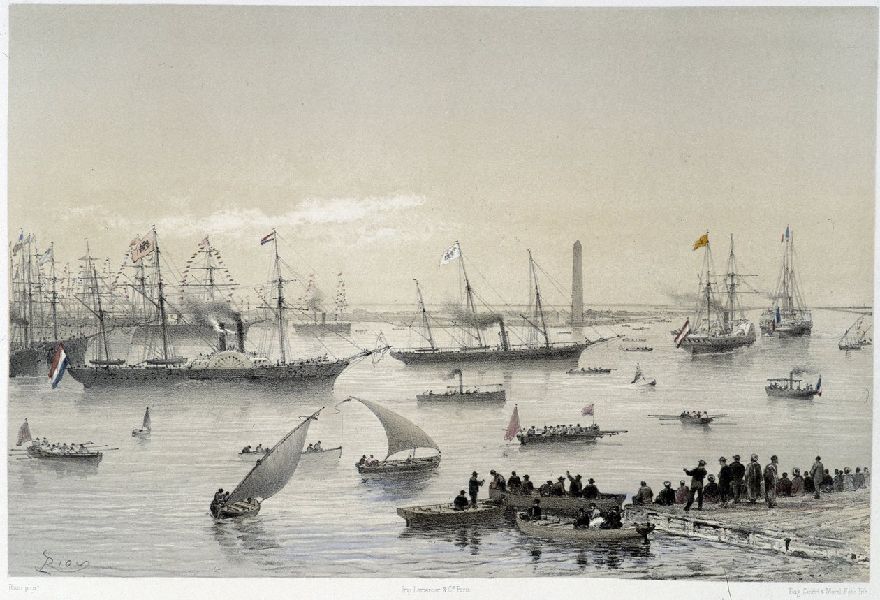Hallitsijan sisääntulo Suezin kanavaan Port Saidissa G. Nicolen Suezin kanavan avajaisissa. 1869 tekijältä Edouard Riou
