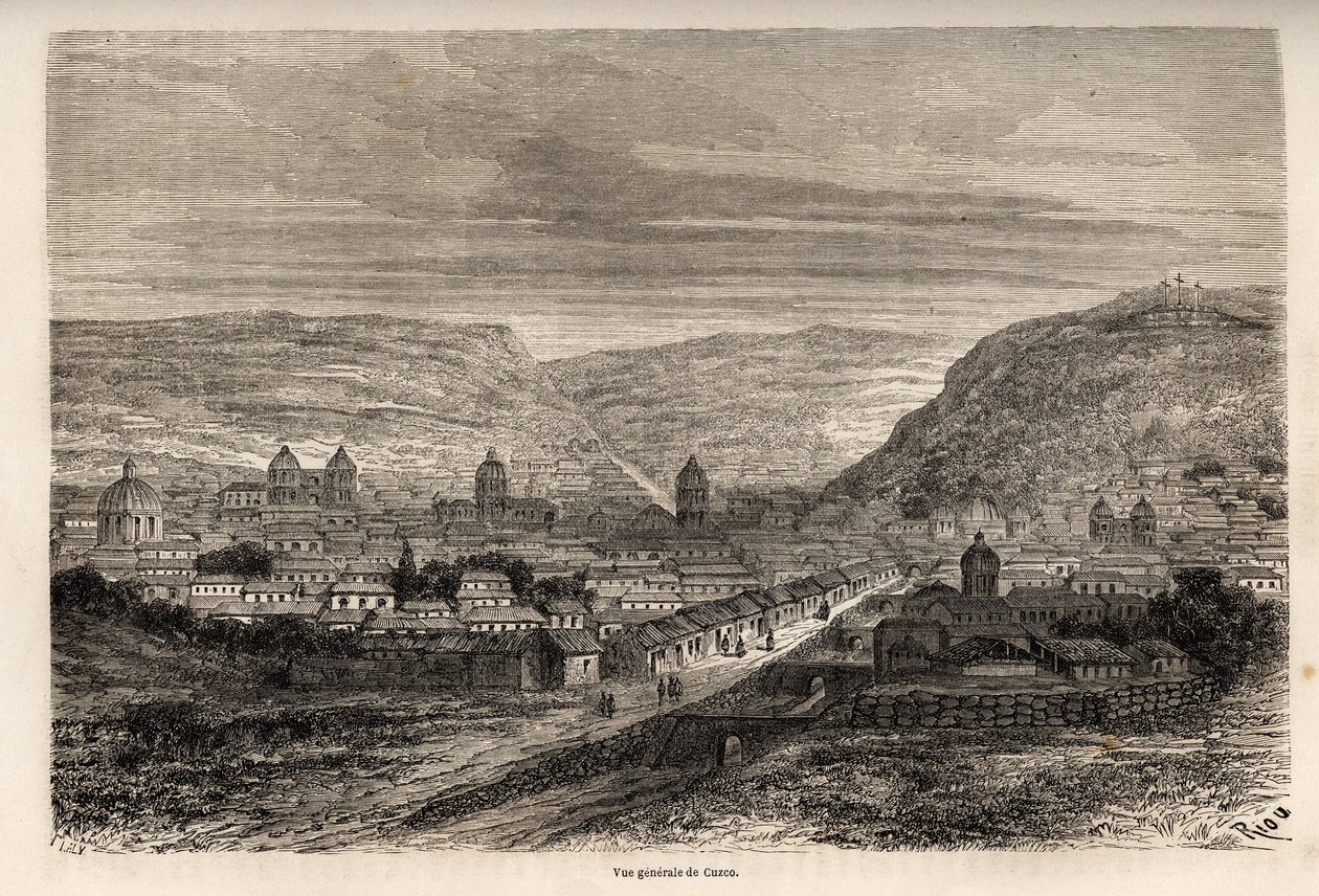 Yleiskuva Cuscosta tai Cuscosta, entisestä inkojen pääkaupungista, piirros Riousta havainnollistamaan Paul Marcoyn matkaa Etelä-Amerikan halki vuosina 1848–1860. Kaiverrus kirjaan "" Le tour du monde", toimittanut Edouard Charton tekijältä Edouard Riou