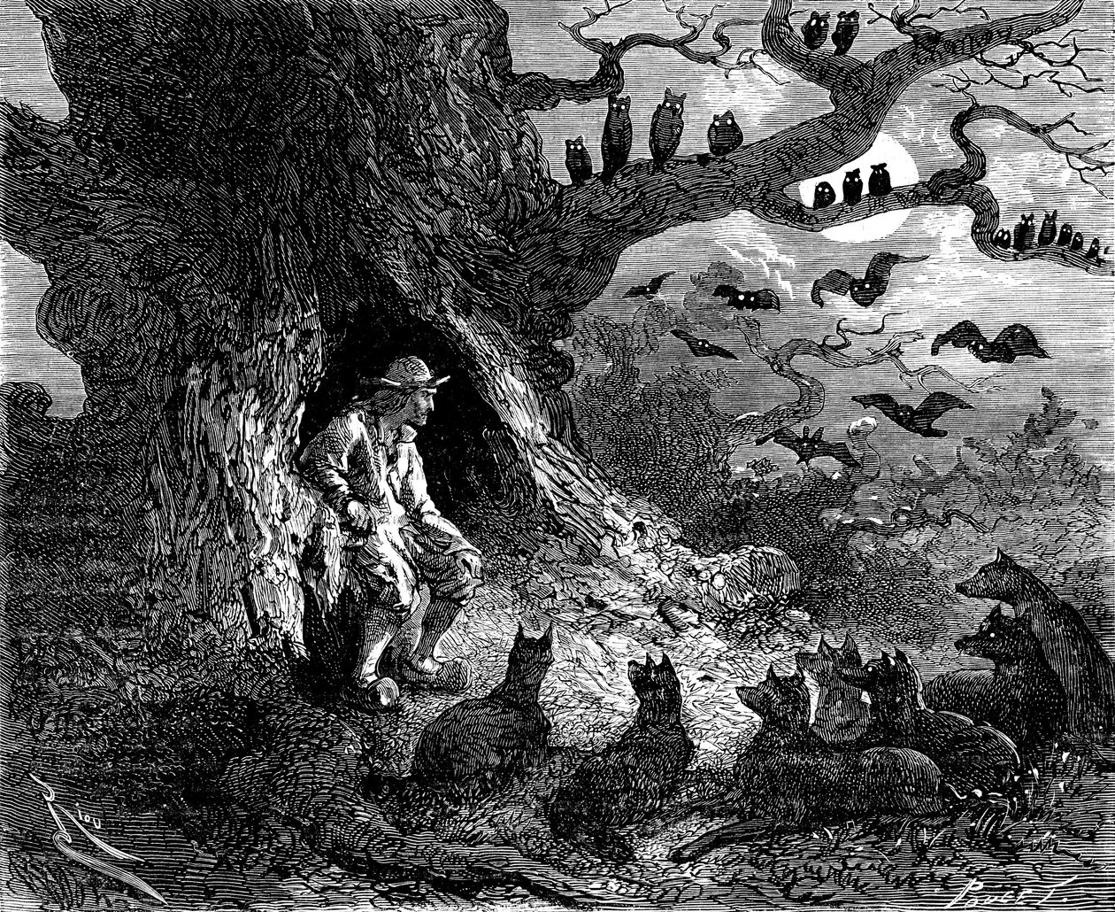 Kuvitus Alexandre Dumasin romaanille "Le leader de loups": Thibault näytti olevan helvetin ympyrän keskus, 1800-luku tekijältä Edouard Riou