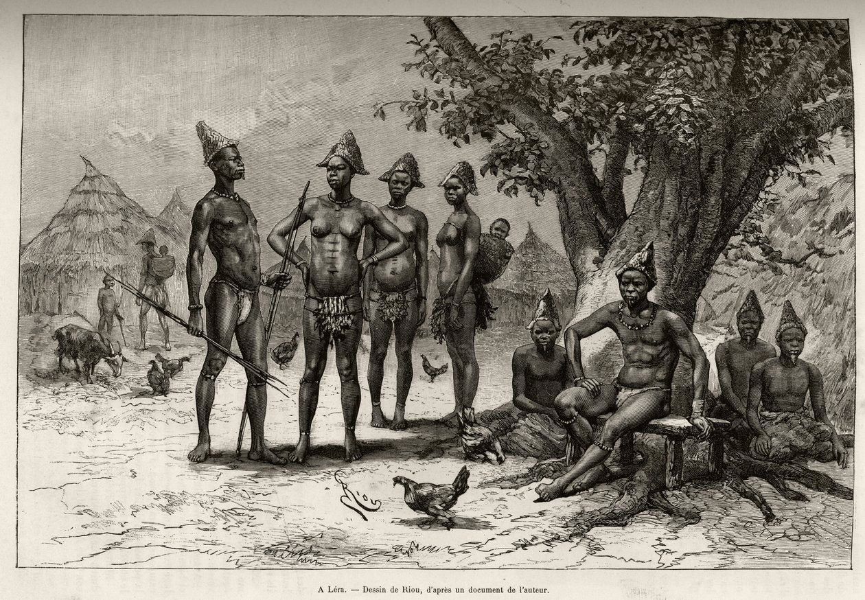 Lerassa (tai Derassa, Nigerissä) Mandes-tyypit. Rioun kaiverrus havainnollistamaan kapteeni Louis Gustave Bingerin (1856-1936) tarinaa "" Nigeristä Guineanlahdelle"" vuosina 1887-1889 Le tour du monde -lehdessä, nouveau journal des voyages, ohjaajana tekijältä Edouard Riou