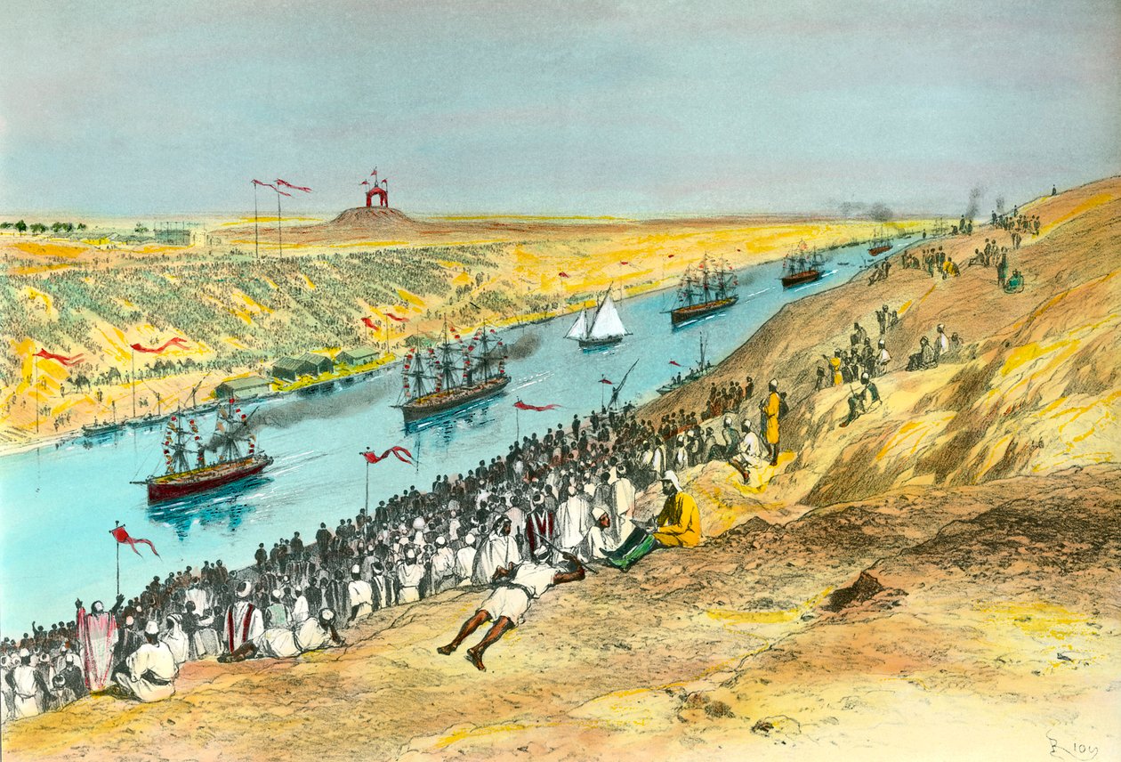 Suezin kanavan avajaiset Kanava luotiin yhdistämään Punainenmeri Välimereen. Kuvitus Edouard Riou (1833-1900) 1869 Yksityinen kokoelma tekijältä Edouard Riou