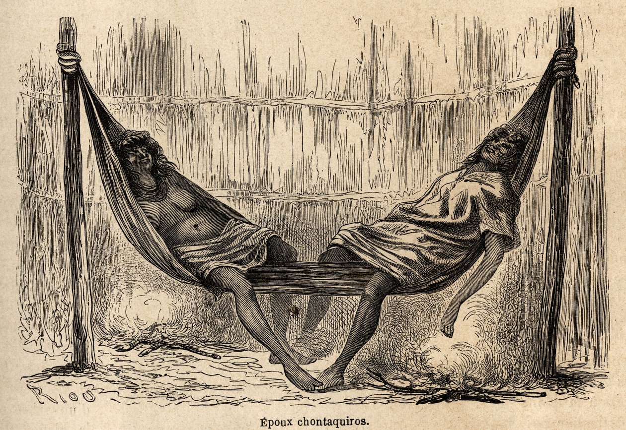 Intialaiset aviomiehet Perusta nukkuvat morsiusriippumatossaan. Rioun piirustukset havainnollistavat P. Marcoyn matkaa Tyyneltämereltä Atlantin valtamerelle vuosina 1848–1860. Kaiverrus kirjassa "" Le tour du monde", toimittanut Edouard Charton tekijältä Edouard Riou
