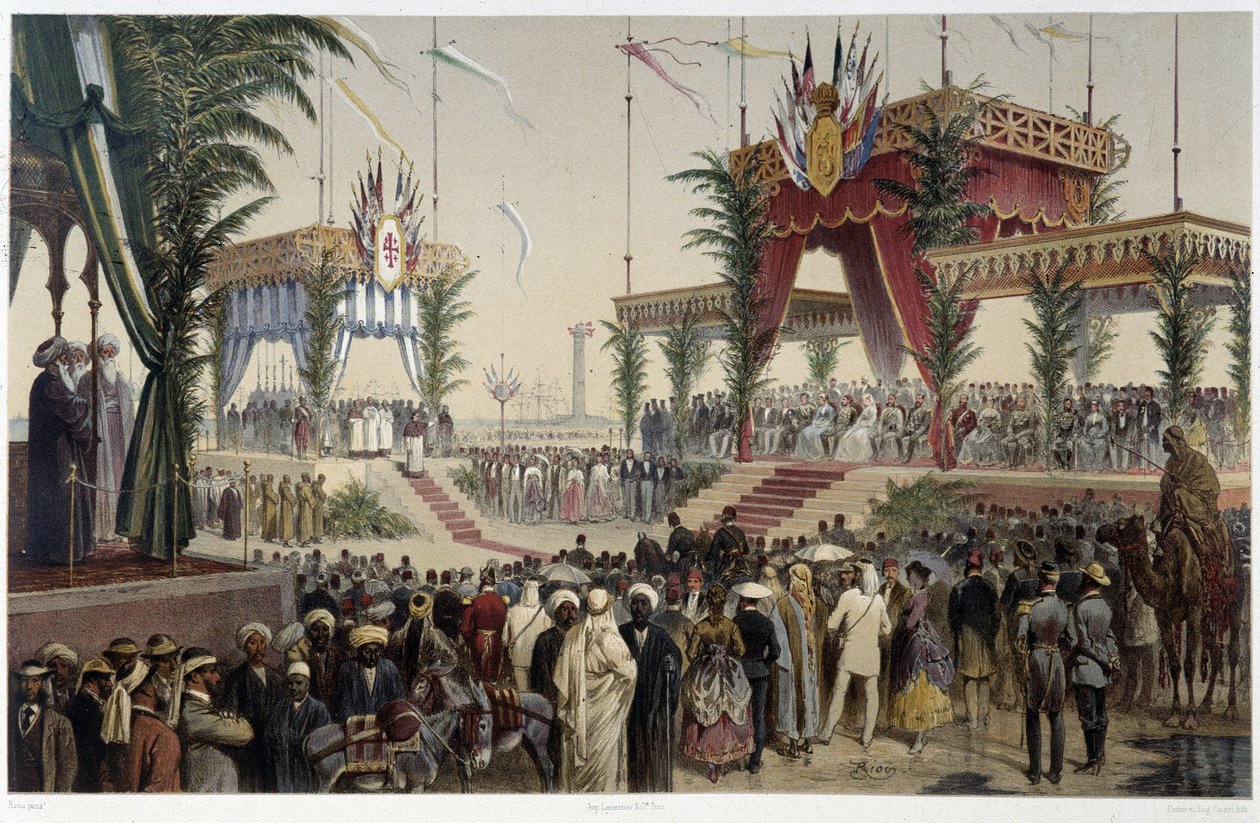 La Tribune des suvereigns G. Nicolen Suezin kanavan avajaisissa. 1869 tekijältä Edouard Riou