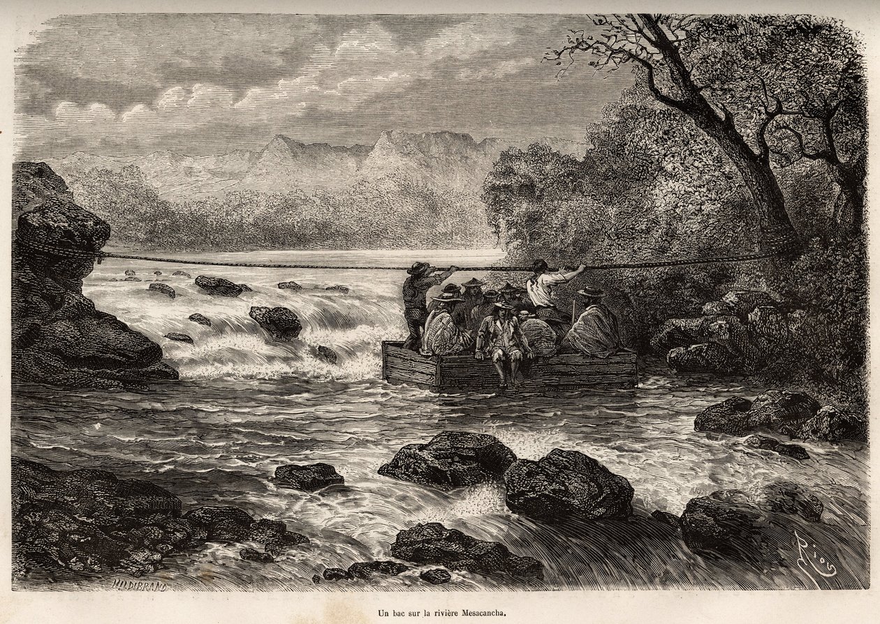 La traversee par le bac de la Riviere Mesacancha (Bas Peru), E.Rioun kaiverrus, joka havainnollistaa matkaa vuoristossa, Huarancalquin laaksossa ja Pjonalin alueilla vuosina 1862–1863, Paul Marcoy, julkaistu julkaisussa "" Le tour du monde” 1875 tekijältä Edouard Riou