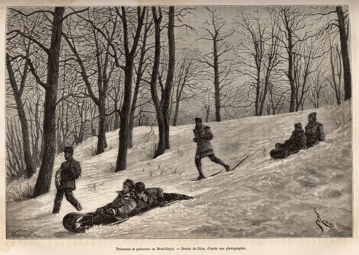 Luges et skaters au plateau du Mont-Royal, Montrealin lähellä, kaiverrus Rioun piirustuksen mukaan, joka kuvaa matkaa Kanadaan ja Riviere Rouge du nordille, H. De Lamotte, vuonna 1873, julkaistu "" Le tour du monde -lehdessä" ”” 1875, toimittanut Edouard C tekijältä Edouard Riou