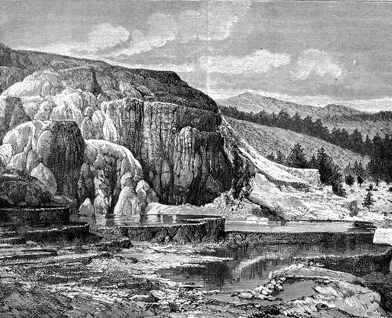 Mammoth Hot Springs, Yellowstonen kansallispuisto, USA, 1800-luku. tekijältä Edouard Riou