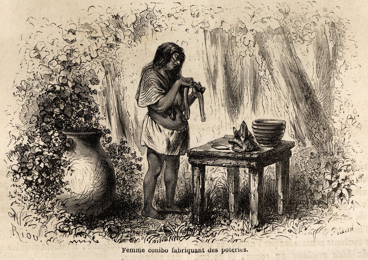 Perustalaisen Conibo-intiaanien valmistama keramiikka, Rioun piirustus havainnollistamaan P. Marcoyn matkaa Tyyneltämereltä Atlantin valtamerelle vuosina 1848–1860. Kaiverrus kirjassa "" Le tour du monde", toimittanut Edouard Charton tekijältä Edouard Riou