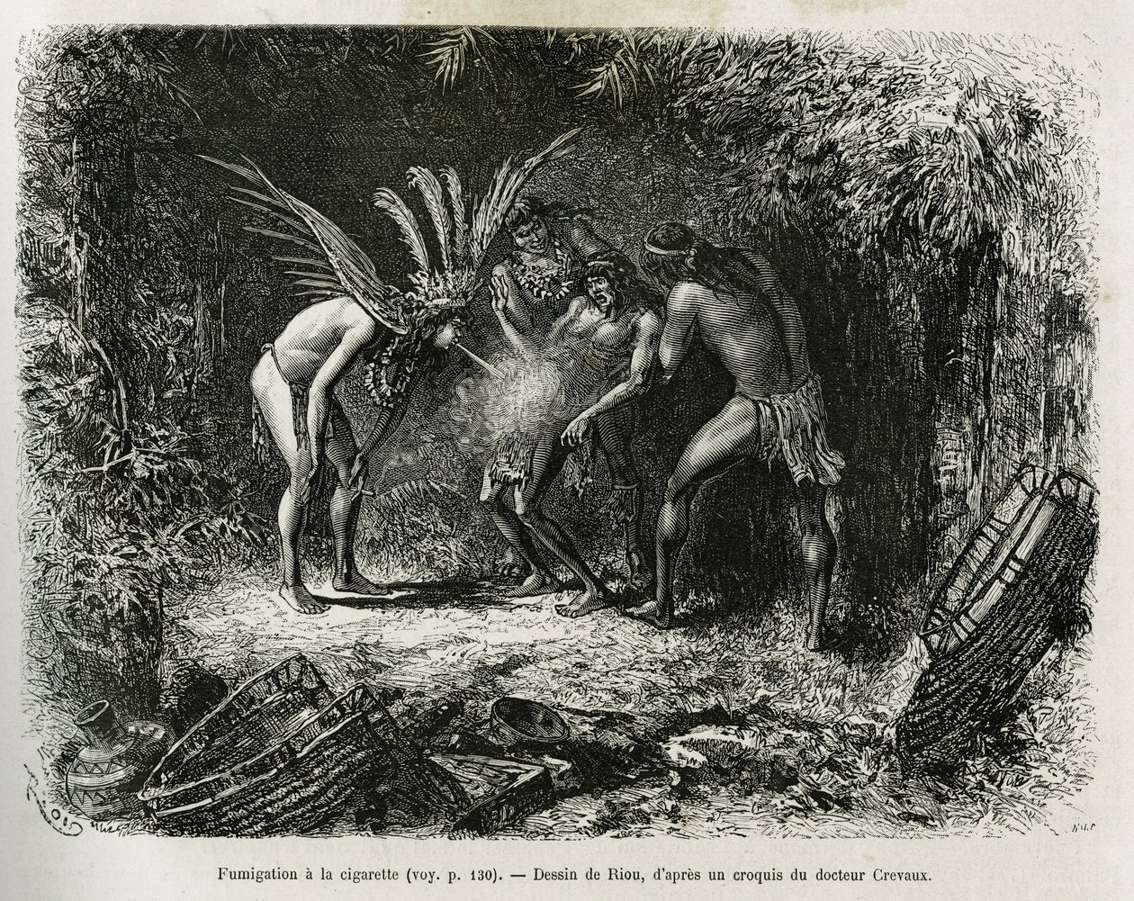 Lääketieteellinen kaasutus savukkeilla Roucouyan-intiaanien keskuudessa. Rioun kaiverrus havainnollistamaan Cayenne aux Andien tarinaa. Jules Crevaux, Ranskan laivaston tohtori, vuosina 1878-1879, julkaistiin Tour du mondessa Edouard Chartonin johdolla. tekijältä Edouard Riou