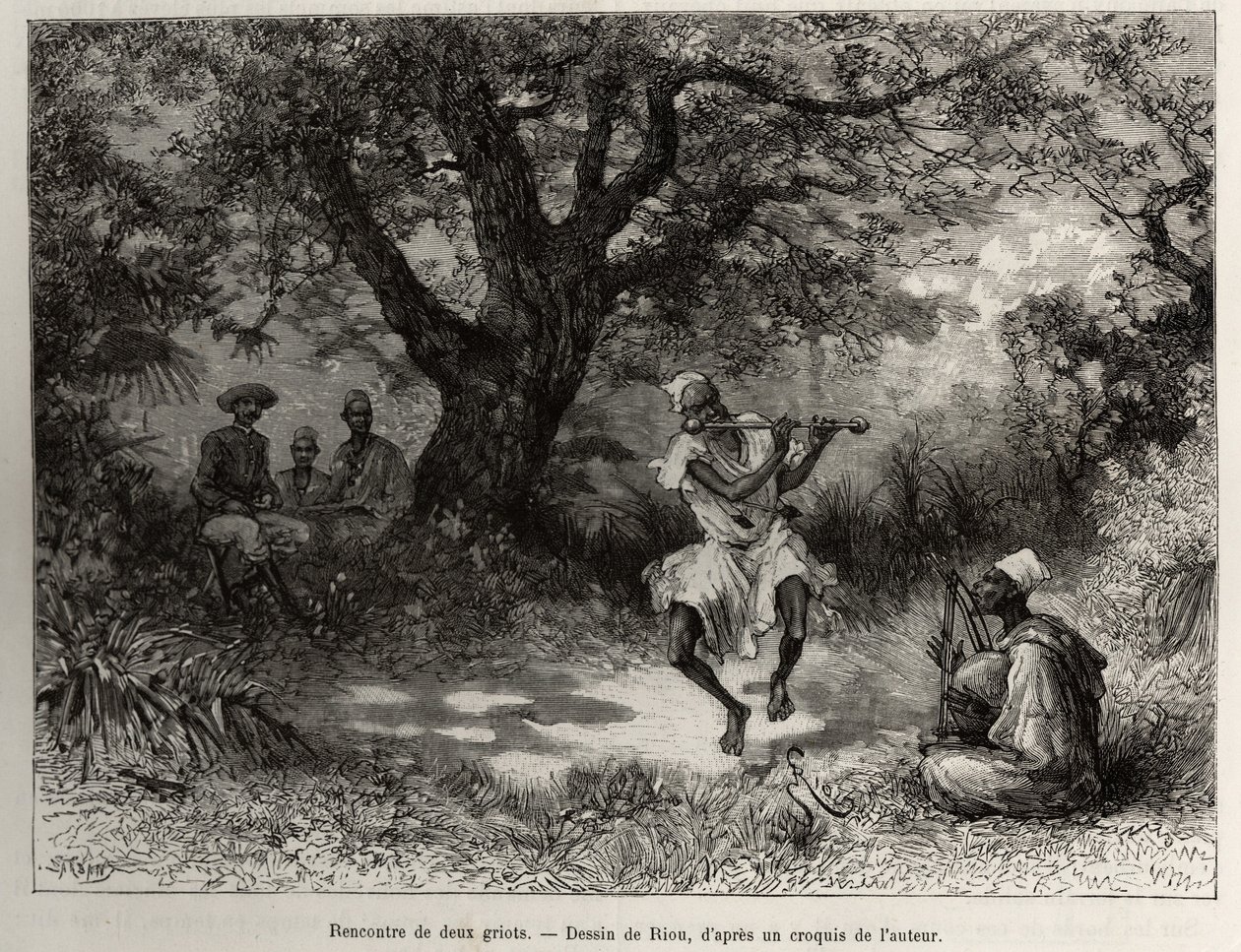 Tapaa kaksi griottia, varjossa istuva kapteeni Binger nauttii esityksestä. Rioun kaiverrus havainnollistamaan kapteeni Louis Gustave Bingerin (1856-1936) tarinaa ""Nigeristä Guineanlahdelle"" vuosina 1887-1889, Le tour du monde, nouveau journal des voy tekijältä Edouard Riou