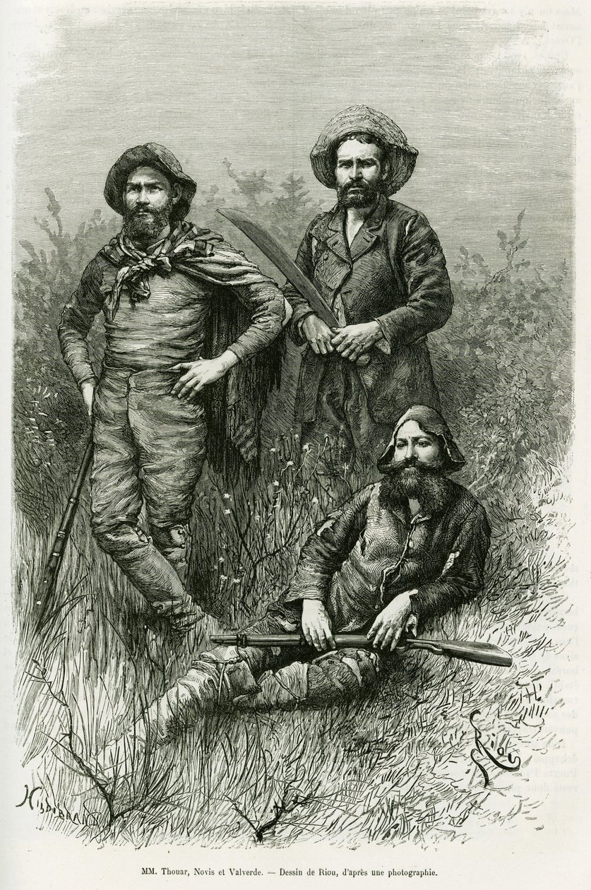 Retkikunnan jäsenet: Mr. Thouar (pidentää), Mr. Novis (seisoi vasemmalla) ja Mr. Valverde (seisoi oikealla). Rioun kaiverrus havainnollistamaan tarinaa Voyage dans le Chaco Boreal tekijältä Edouard Riou
