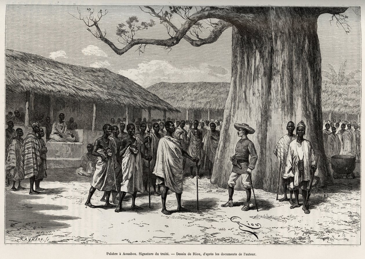 Palabre a Aouabou (Norsunluurannikko). Kaupallisen sopimuksen allekirjoitus Annon hovissa, kirjailijan muotokuva. Rioun kaiverrus havainnollistamaan kapteeni Louis Gustave Bingerin (1856-1936) tarinaa "" Nigeristä Guineanlahdelle" vuosina 1887-181. tekijältä Edouard Riou