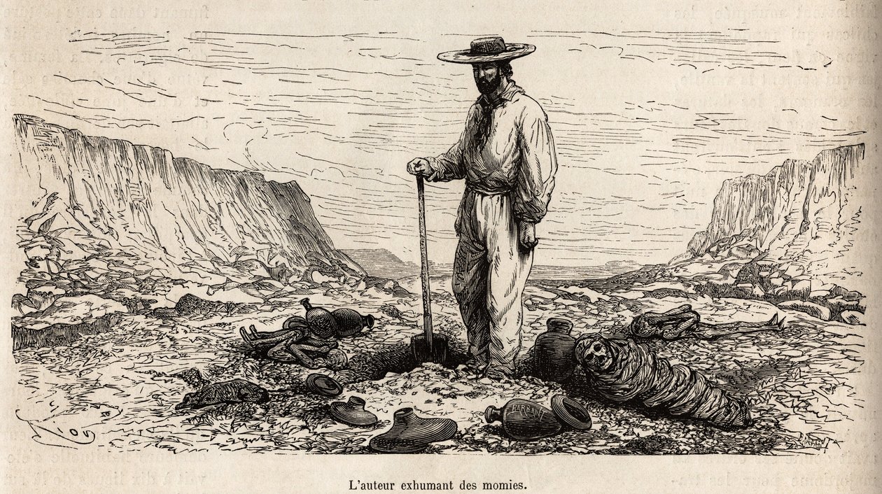 Paul Marcoy exhumant des mummies Incas (Bas Peru), E.Rioun kaiverrus, joka havainnollistaa matkaa vuoristossa, Huarancalquin laaksossa ja Pjonalin alueilla vuosina 1862–1863, Paul Marcoy, julkaistu "Le tour du monde" -lehdessä ” 1875, toimittanut Edou tekijältä Edouard Riou