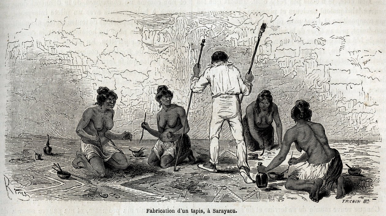 Paul Marcoy oppi tekemään maton Sarayacun (Peru) leskien kanssa, piirtäen Riou havainnollistamaan Paul Marcoyn matkaa Tyyneltä valtamereltä Atlantin valtamerelle vuosina 1848-1860. Kaiverrus kirjassa "" Le tour du monde"", toimitettu Kirjailija: Edouard Ch tekijältä Edouard Riou