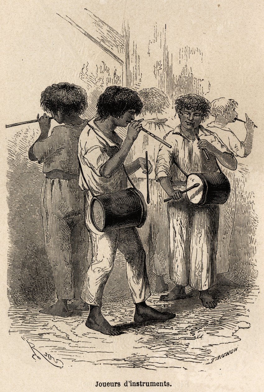 Soittimien soittajat Sarayacussa (Peru), Rioun piirustus havainnollistamaan Paul Marcoyn matkaa Tyyneltämereltä Atlantin valtamerelle vuosina 1848–1860. Kaiverrus kirjaan "" Le tour du monde", toimittanut Edouard Charton tekijältä Edouard Riou