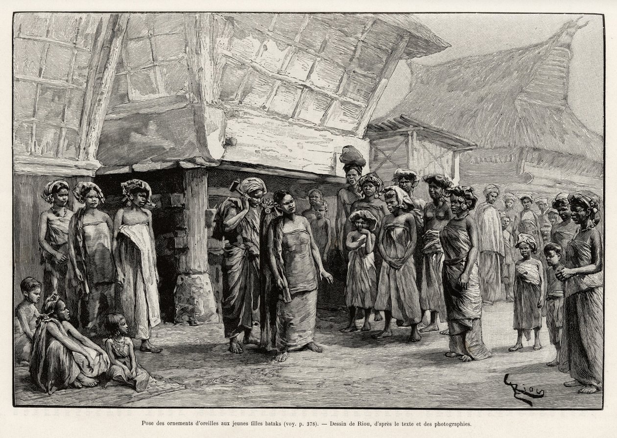 Soitti korvakoristeita Batak-tytöille, Pohjois-Sumatran etniselle ryhmälle. Rioun kaiverrus havainnollistamaan tarinaa "vuosi Malesiassa", Jules Claine (1856-1939) tekijältä Edouard Riou