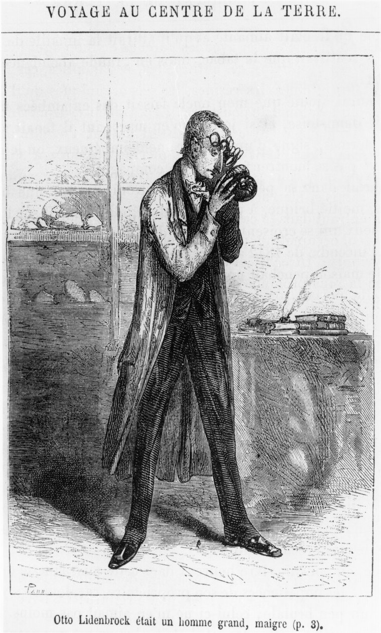 Professori Otto Lidenbrock, kuvitus Jules Vernen (1828-1905) teoksesta "Matka Maan keskustaan" Paris, Hetzel tekijältä Edouard Riou
