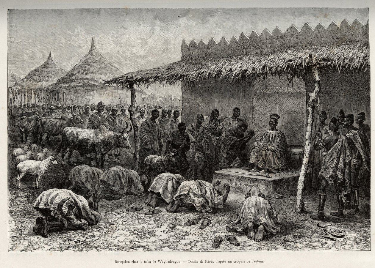Vastaanotto naba Sanemissa, Waghadougoun Mossin valtakunnasta (tai Mossesta) (Ouagadougou, Burkina Faso). Rioun kaiverrus havainnollistamaan kapteeni Louis Gustave Bingerin (1856-1936) tarinaa "" Nigeristä Guineanlahdelle" vuosina 1887-1889 Le toussa tekijältä Edouard Riou