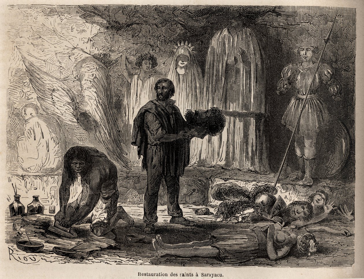 Pyhimyspatsaiden entisöinti Sarayacussa (Peru), Rioun piirustus havainnollistamaan Paul Marcoyn matkaa Tyyneltämereltä Atlantin valtamerelle vuosina 1848–1860. Kaiverrus kirjaan "" Le tour du monde", toimittanut Edouard Charton tekijältä Edouard Riou