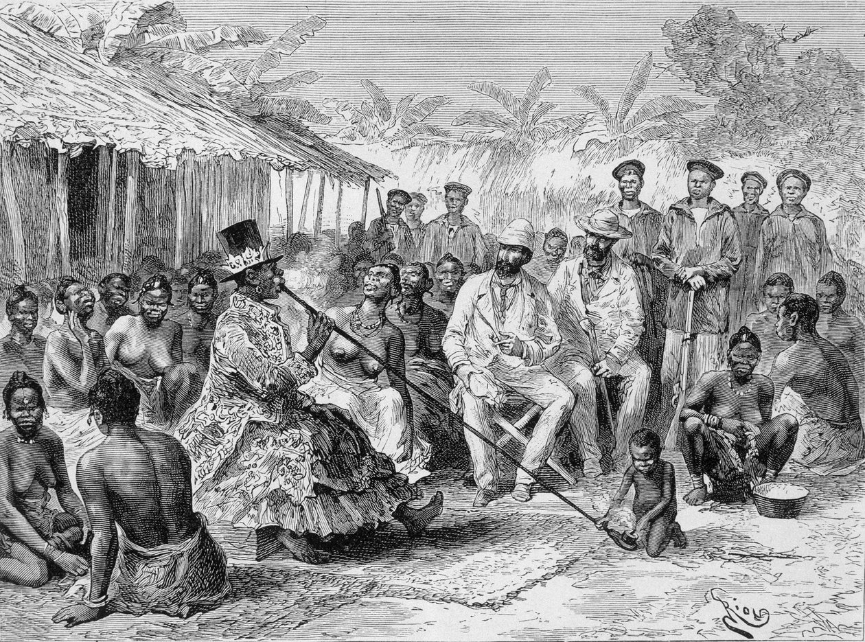 Savorgnan de Brazza palaveri Länsi-Afrikan kylänjohtajan Renoken kanssa - ""Tour du Mondessa"", 2. viikko 1887 tekijältä Edouard Riou