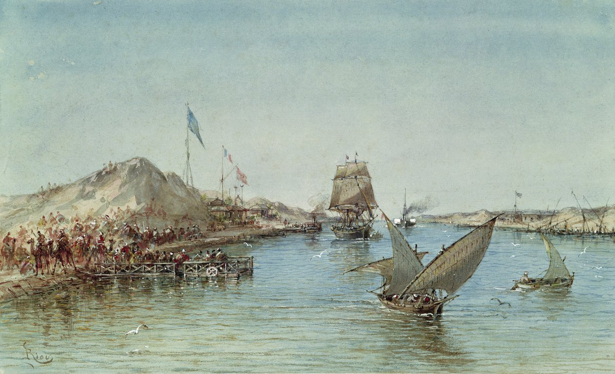 Laivaliikenne Suezin kanavalla, matkamuistoalbumista keisarinna Eugenien (1826-1920) matkan kunniaksi avajaisissa vuonna 1869 (wc paperilla) tekijältä Edouard Riou