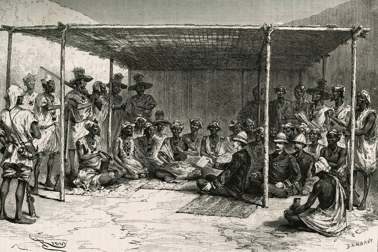Sopimuksen, jolla Kitan maa (entinen Ranskan Sudan, nykyinen Mali) asetettiin Ranskan protektoraatin alle 25. huhtikuuta 1880 komentaja Joseph Gallienin (1849-1916) ja Tokontan Keitan välillä. Rioun kaiverrus, au:n luonnoksen perusteella tekijältä Edouard Riou