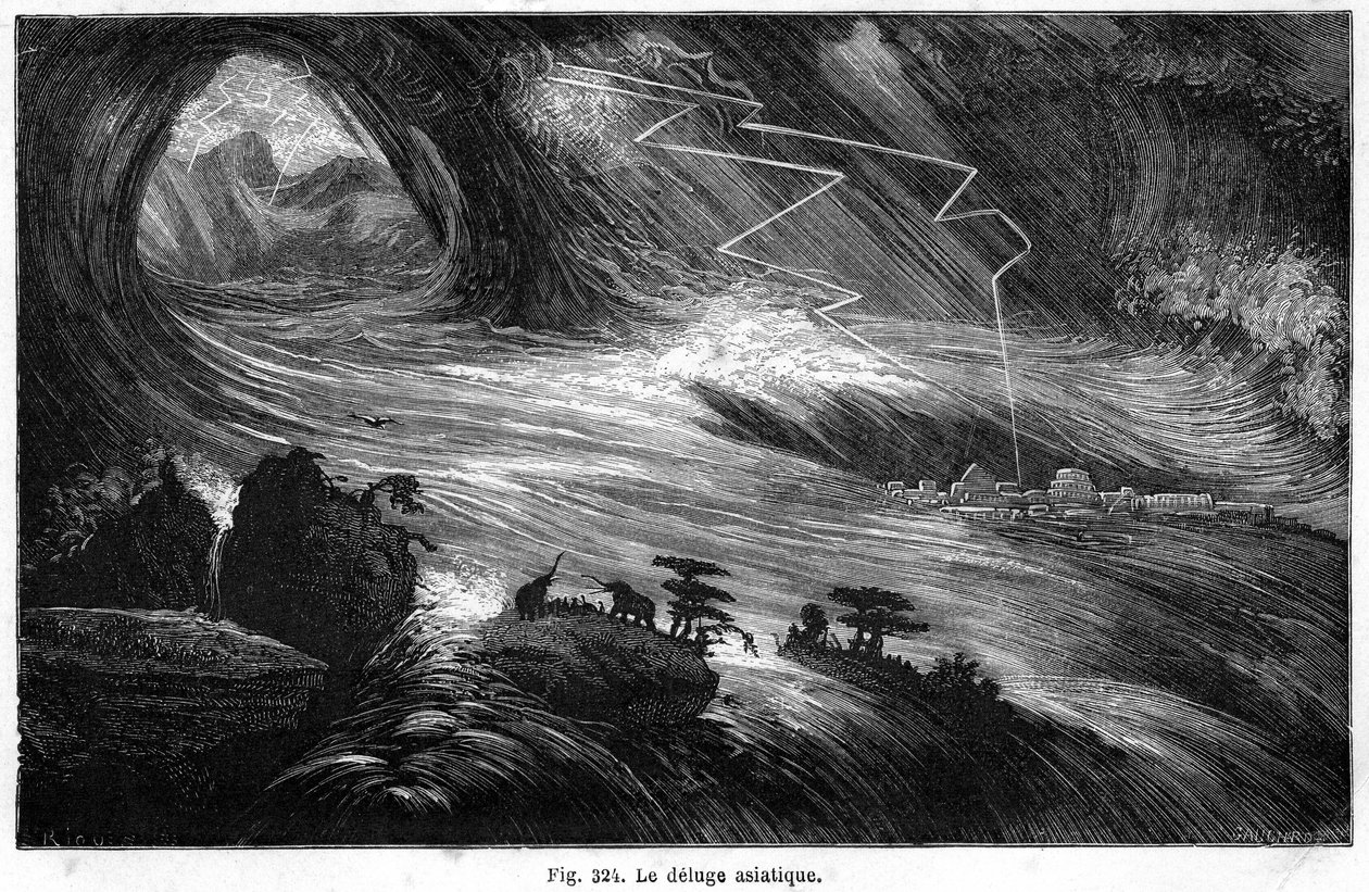 Aasian vedenpaisumus: katastrofi, joka saattoi inspiroida Raamatussa kuvatun vedenpaisumuksen: Louis Figuierin kirjasta "" La Terre avant le deluge ", painos Hachette 1872 tekijältä Edouard Riou