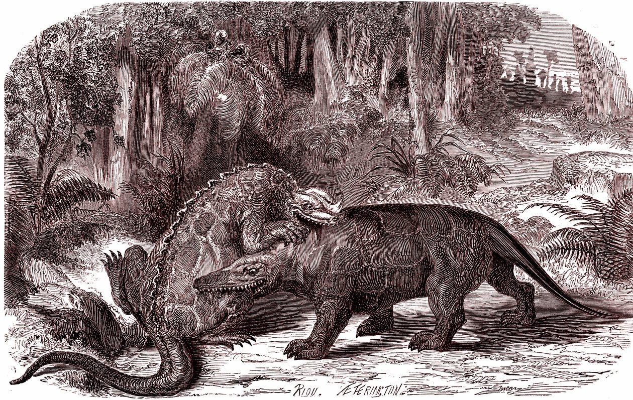 Iguanodon ja Megalosaurus (kaiverrus) (kaiverrus) tekijältä Edouard Riou