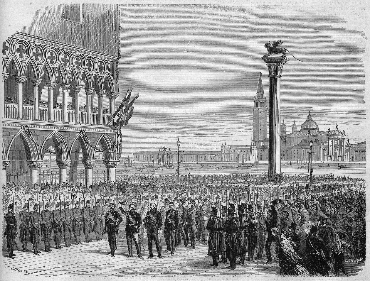 Italian kuningas Victor Emmanuel II (Victor Emmanuel) (Vittorio Emanuele) Venetsiassa Pyhän Markuksen aukiolla. Itävaltalaisten tappion jälkeen Sadowassa Venetia palautettiin Italian kuningaskunnalle vuonna 1866. Kaiverrus Creponin ja Rioun piirustuksen mu tekijältä Edouard Riou