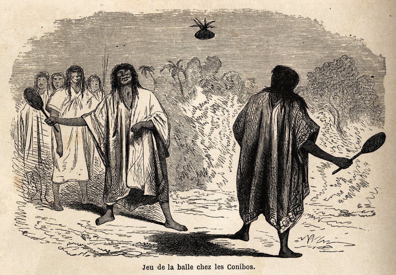 Pallopeli Perun intialaisten conibojen keskuudessa. Rioun piirustus kuvaa P. Marcoyn matkaa Tyyneltä valtamereltä Atlantin valtamerelle vuosina 1848–1860. Kaiverrus kirjassa "" Le tour du monde", toimittanut Edouard Charton tekijältä Edouard Riou