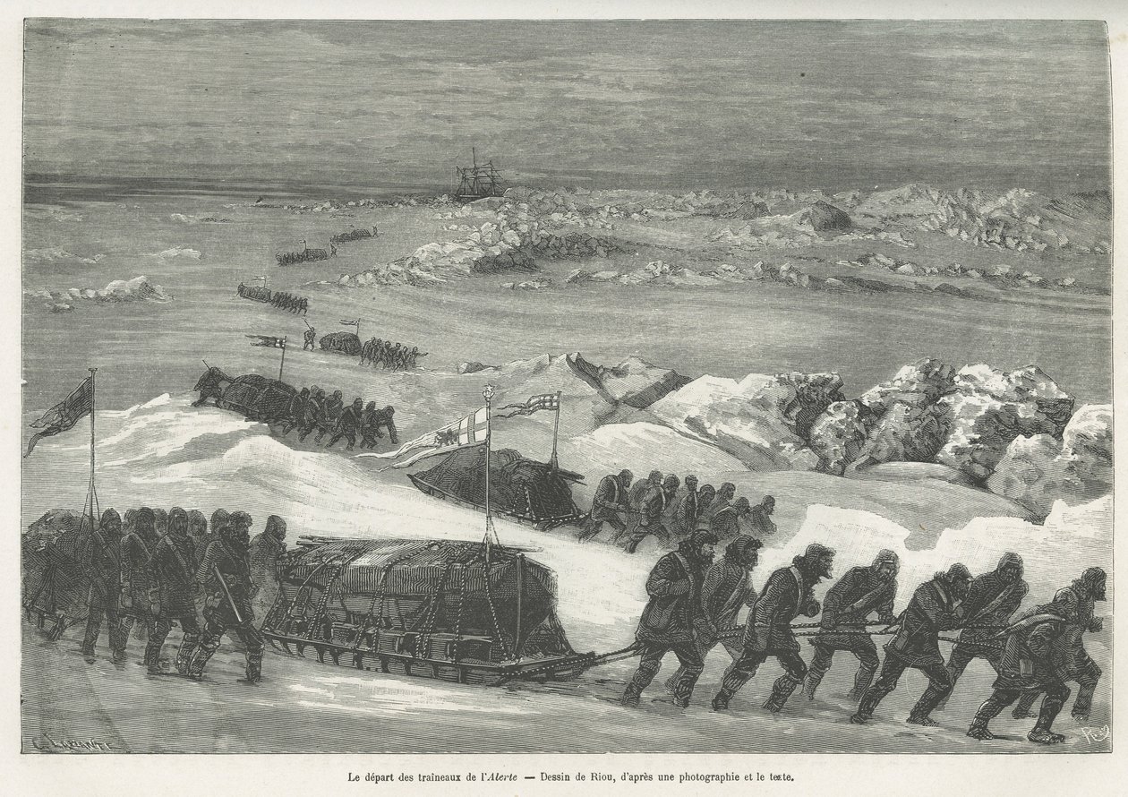 Naparetkikunnan laivan Alert-kelkkojen lähtö, Rioun piirustus kuvaamaan kapteeni G.S.Naresin tarinaa matkasta napamerelle vuosina 1875-1876. Kaiverrus kirjassa Le tour du monde tekijältä Edouard Riou