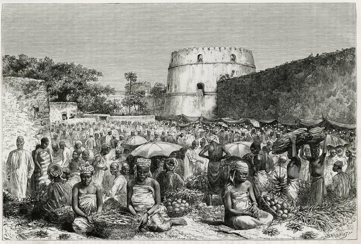 Zanzibarin hedelmämarkkinat (Tansania). Kaiverrus Riou havainnollistaa tarinaa "" Matka Benadir, Omalis ja Bayoun"", vuosina 1882-1883, M.G.Revoil. Julkaistu Le Tour du monde -lehdessä, nouveau journal des voyages tekijältä Edouard Riou