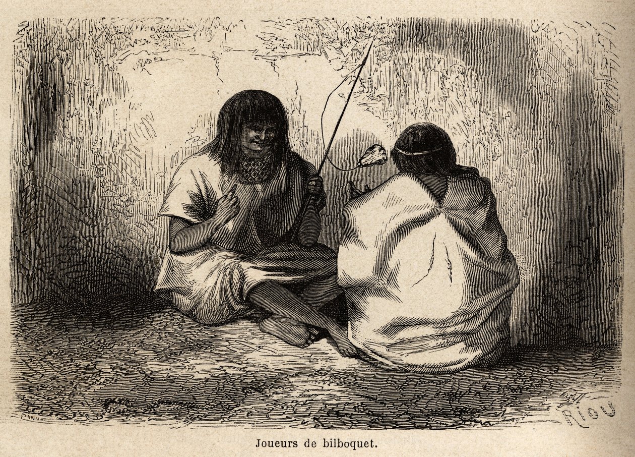 Peli bilboquet, kilpikonnan pää, Perun Conibos-intiaanien keskuudessa. Riou piirsi P. Marcoyn matkaa Tyyneltä valtamereltä Atlantin valtamerelle vuosina 1848–1860. Kaiverrus kirjassa "" Le tour du monde", toimittanut Edoua tekijältä Edouard Riou