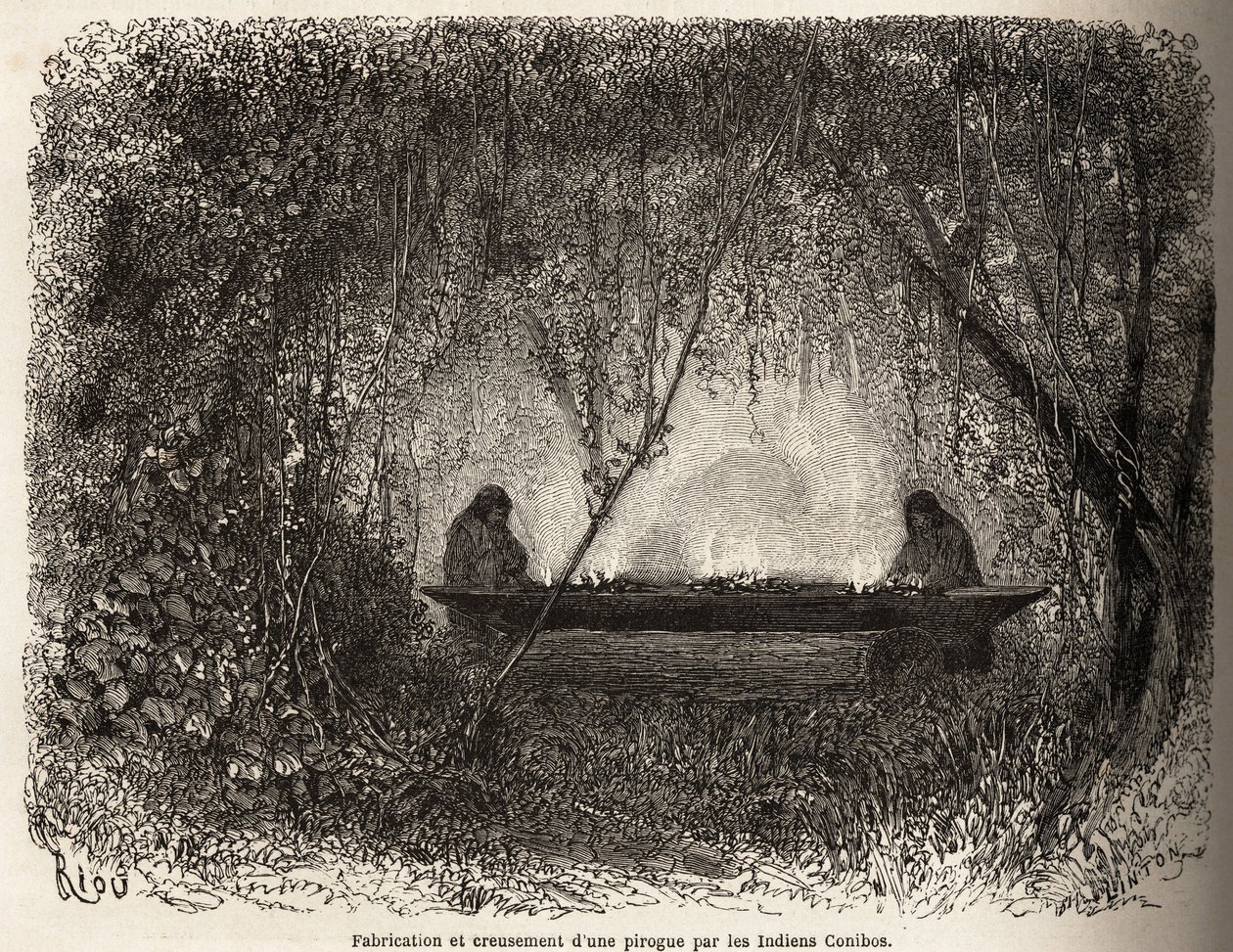 Perun Conibo-intiaanien valmistama kanootti, joka evakuoitiin tulipalossa. Rioun piirustus kuvaa P. Marcoyn matkaa Tyyneltämereltä Atlantin valtamerelle vuosina 1848–1860. Kaiverrus kirjassa "" Le tour du monde", toimittanut Edouard Cha tekijältä Edouard Riou