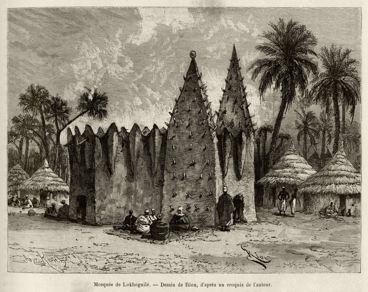 Lokhognilen moskeija (Guineanlahti). Rioun kaiverrus havainnollistamaan kapteeni Louis Gustave Bingerin (1856-1936) tarinaa "" Nigeristä Guineanlahdelle"" vuosina 1887-1889 Le tour du monde -lehdessä, nouveau journal des voyages, ohjaajana tekijältä Edouard Riou