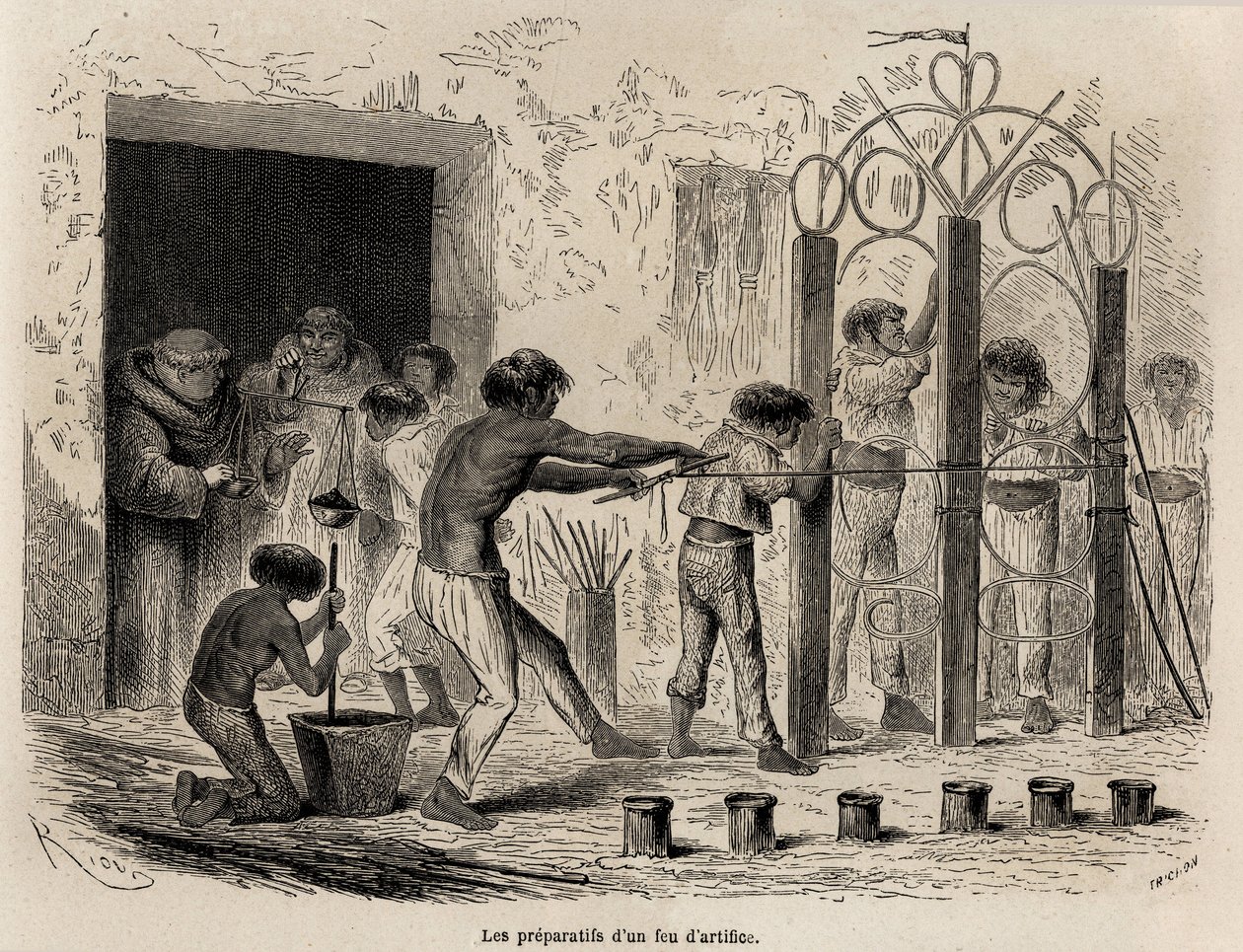 Ilotulitusten valmistus Sarayacussa (Peru), Rioun piirustus havainnollistamaan Paul Marcoyn matkaa Tyyneltämereltä Atlantin valtamerelle vuosina 1848–1860. Kaiverrus kirjaan "" Le tour du monde", toimittanut Edouard Charton tekijältä Edouard Riou