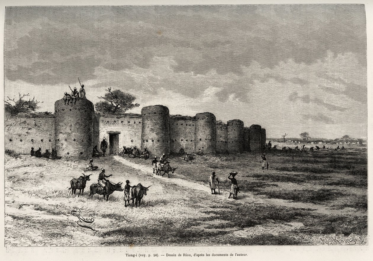 Tiong-Gin kaupunki (Tiong Gi, Mali) linnoituksineen ja savitorneineen. Rioun kaiverrus havainnollistamaan kapteeni Louis Gustave Bingerin (1856-1936) tarinaa "" Nigeristä Guineanlahdelle" vuosina 1887-1889, Le tour du monde, nouveau journal tekijältä Edouard Riou