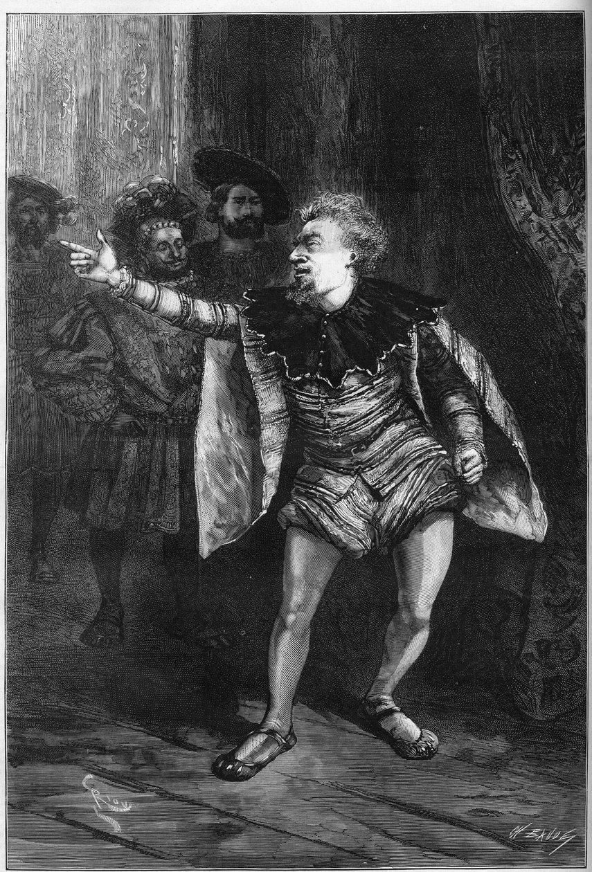 Teatteriesitys: Victor Hugon (1808-1883) "Kuningalla on hauskaa". III näytös, kohtaus III: Louvren esihuone, Triboulet (Edmond Got tekijältä Edouard Riou