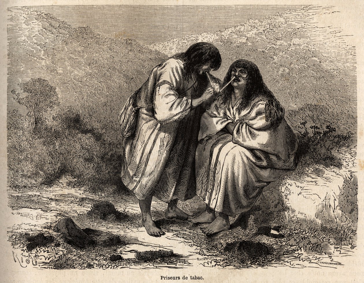Tupakkahuutokaupat, antis-heimon (Peru) perinteen mukainen meikki, Rioun piirustus, joka havainnollistaa Paul Marcoyn matkaa Tyyneltä valtamereltä Atlantin valtamerelle vuosina 1848-1860. Kaiverrus "" Le tour du monde"", editoi Edouard tekijältä Edouard Riou