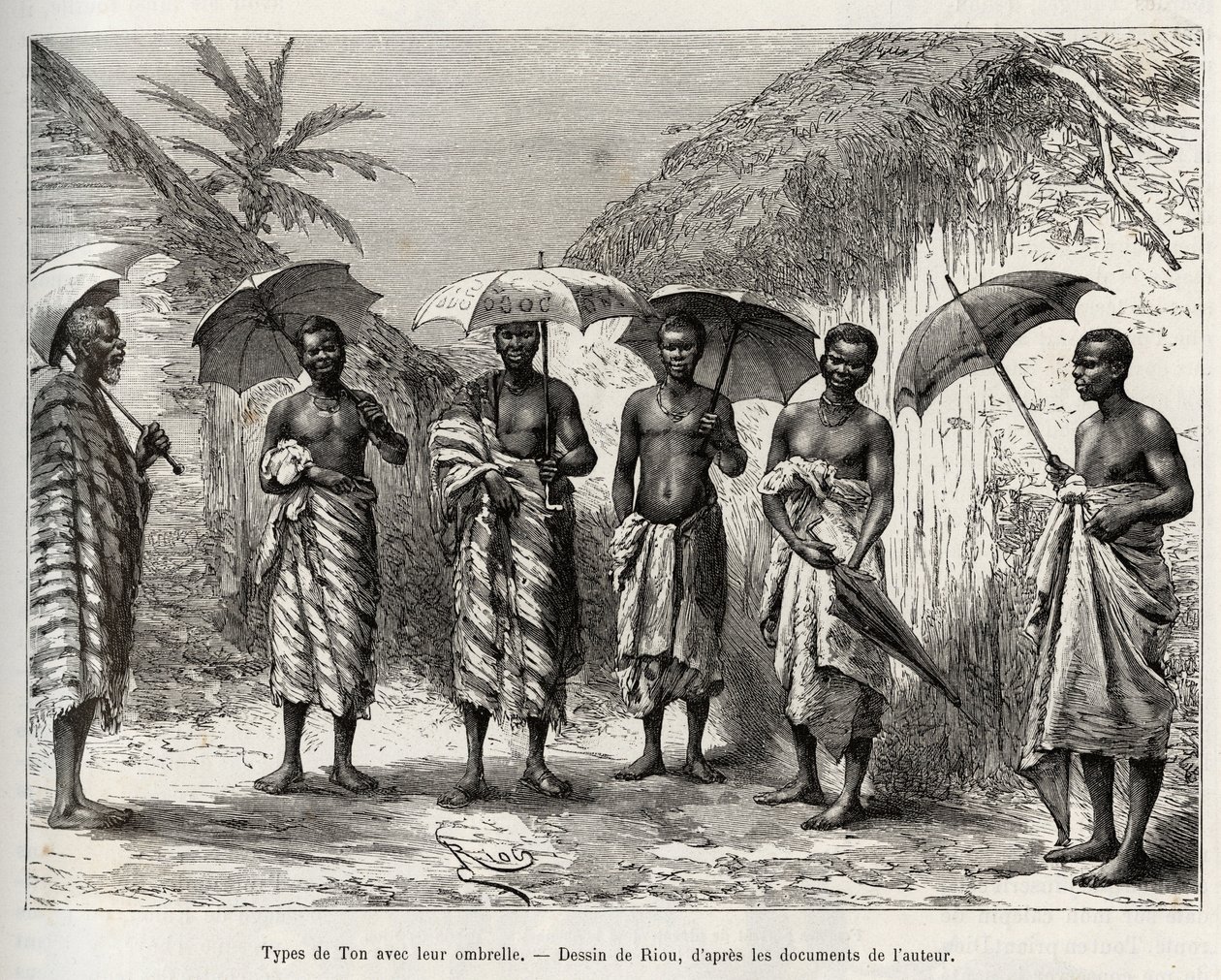 Sävytyyppi sateenvarjonsa kanssa. Rioun kaiverrus havainnollistamaan kapteeni Louis Gustave Bingerin (1856-1936) tarinaa "" Nigeristä Guineanlahdelle"" vuosina 1887-1889 Le tour du monde -lehdessä, nouveau journal des voyages, ohjaajana Edouard Char tekijältä Edouard Riou