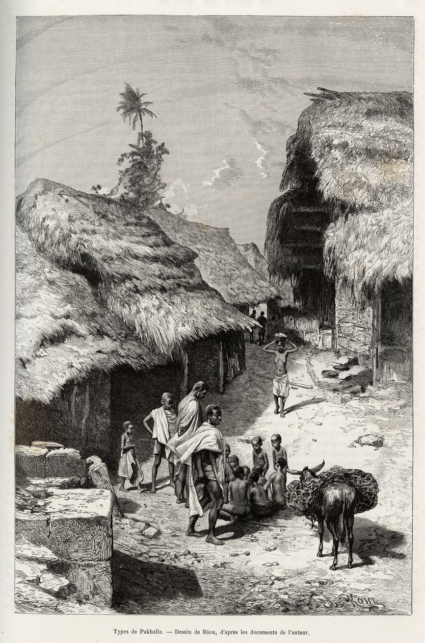 Pakhala-tyypit (Norsunluurannikko). Rioun kaiverrus havainnollistamaan kapteeni Louis Gustave Bingerin (1856-1936) tarinaa "" Nigeristä Guineanlahdelle"" vuosina 1887-1889 Le tour du monde -lehdessä, nouveau journal des voyages, ohjaajana Edouard Cha tekijältä Edouard Riou