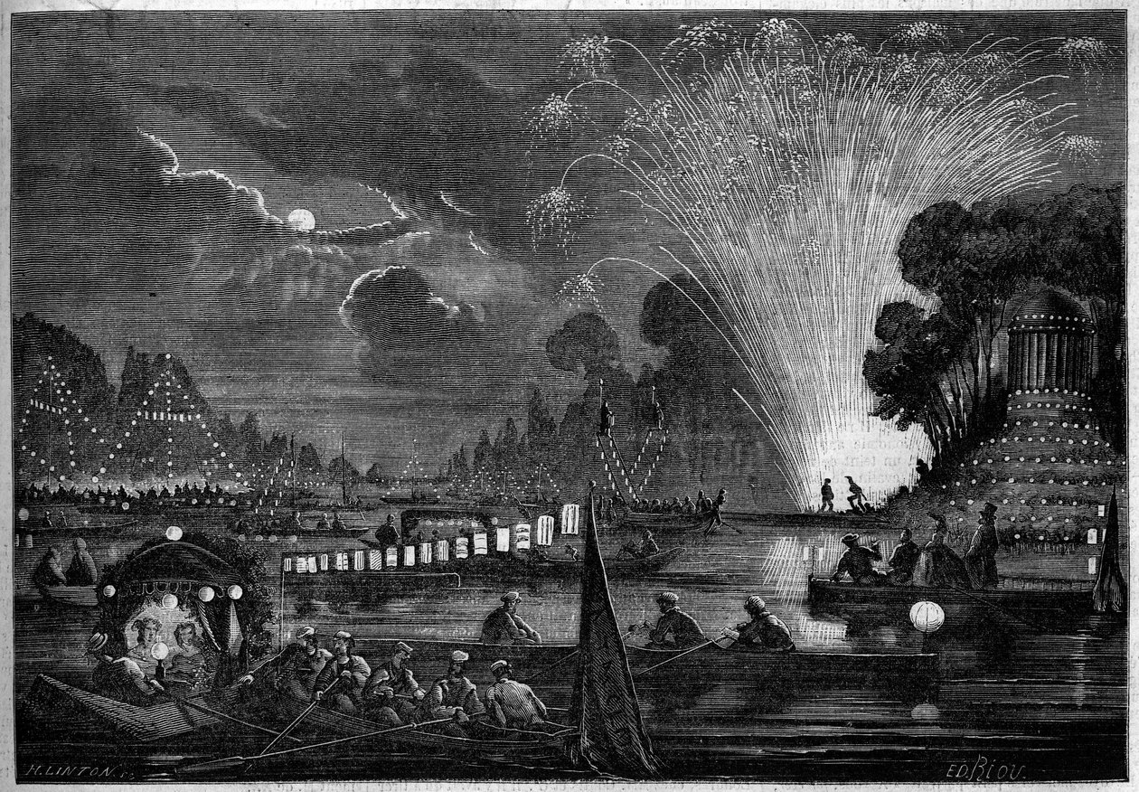 Venetsialainen juhla Neuillyssa köyhien hyväksi vuonna 1858. Rioun kaiverrus "" Le Monde Illustré" -julkaisussa nro 77 2. lokakuuta 1858. tekijältä Edouard Riou
