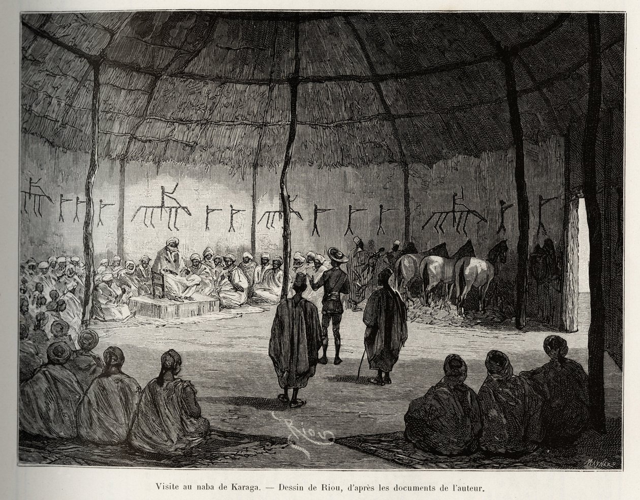 Vierailu Karagan Nabassa (Ghana). Rioun kaiverrus havainnollistamaan kapteeni Louis Gustave Bingerin (1856-1936) tarinaa "" Nigeristä Guineanlahdelle"" vuosina 1887-1889 Le tour du monde -lehdessä, nouveau journal des voyages, ohjaajana Eduar tekijältä Edouard Riou