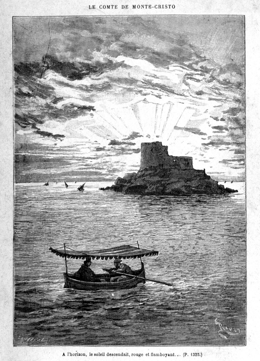 Purjehdus saarelle - kaiverrus Riou, kirjassa "" Monte-Criston kreivi"", kirjoittanut A. Dumas, toim. Jules Rouff & Cie tekijältä Edouard Riou