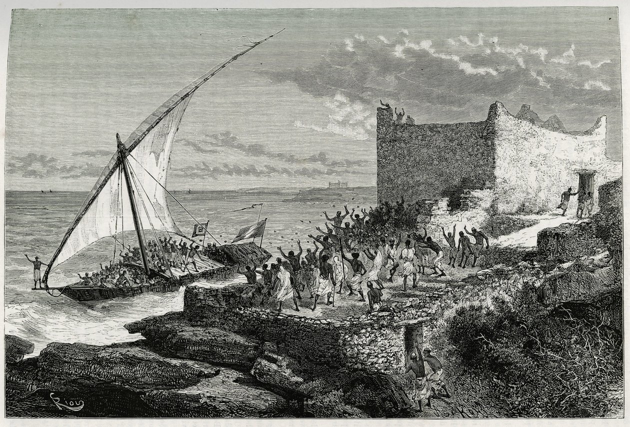 Kun matkustajien lanta saapuu Moguedouchoun (Mogadishu) satamaan, merimiehet tekevät valtavan mailan houkutellakseen ihmisiä, jotka toivottavat heidät tervetulleiksi innostuneella huudolla. Rioun kaiverrus havainnollistamaan tarinaa "Voyage chez les Benadi tekijältä Edouard Riou