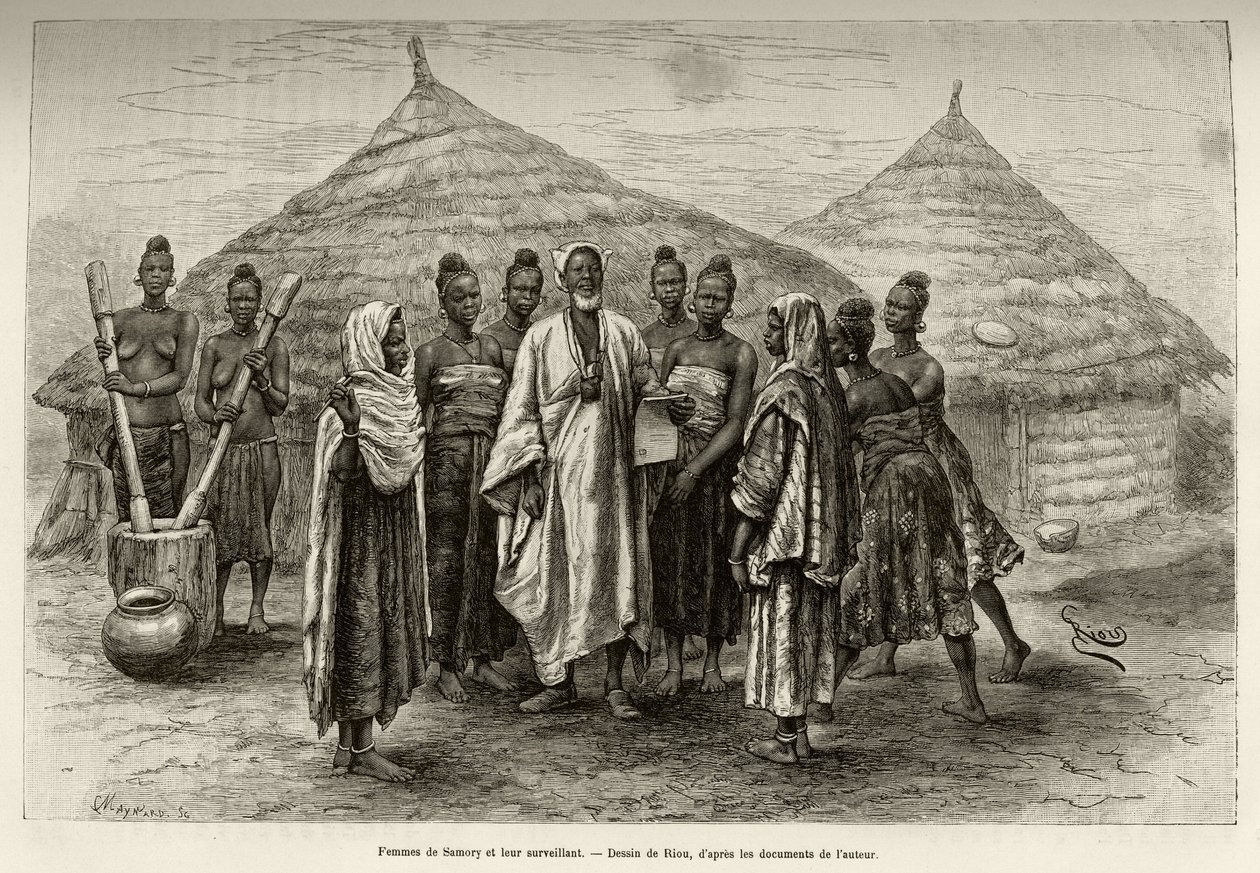 Samory Touren naiset (noin 1835-1898) Niger-silmukan sotapäällikkö ja heidän esimiehensä Sonninke, joka osaa lukea ja kirjoittaa arabiaa, kuten hänen kädessään pitelemä paperi todistaa. Rioun kaiverrus havainnollistamaan tarinaa "" Nigeristä Persianlahdell tekijältä Edouard Riou