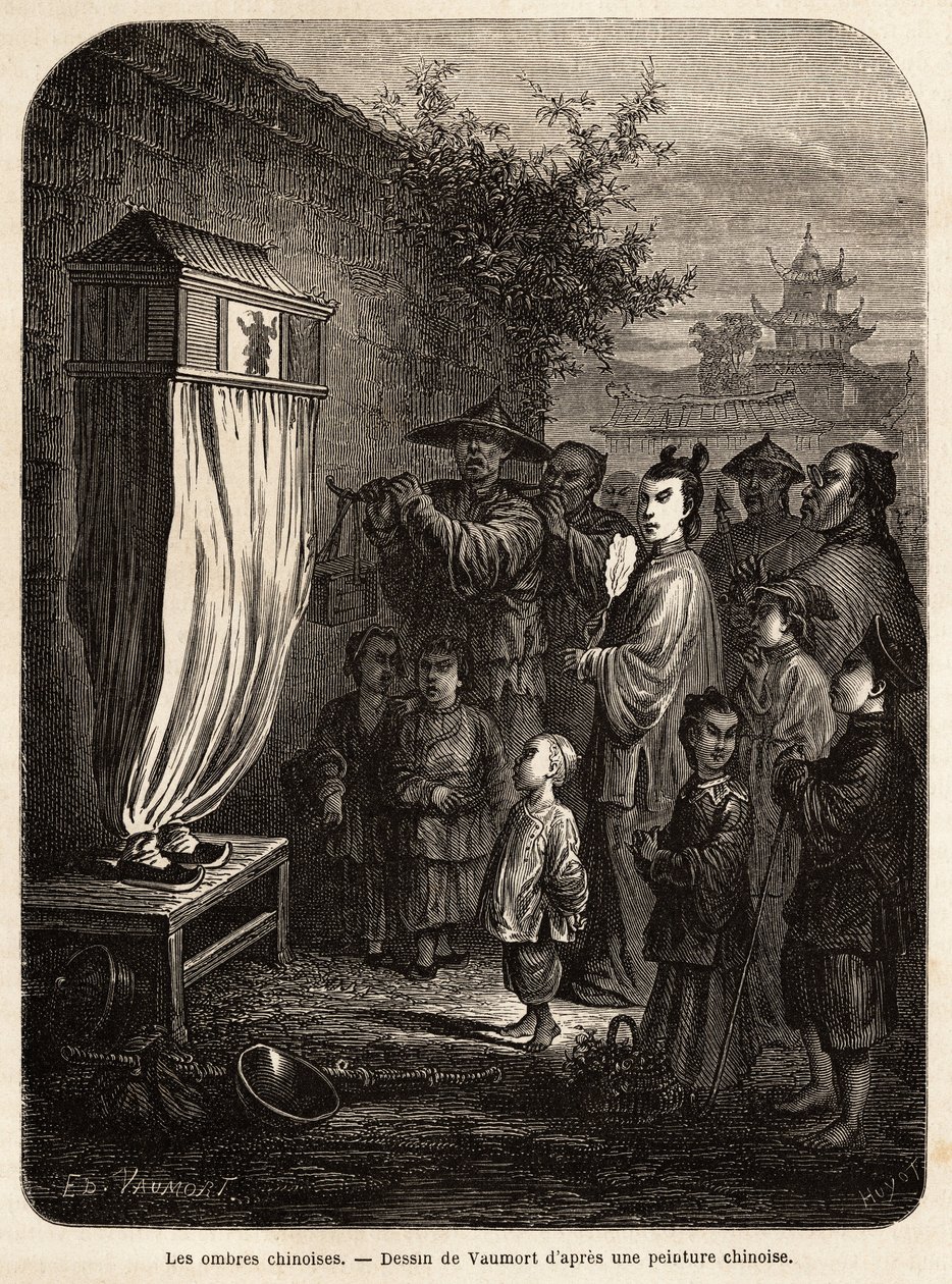 Siirrettävä kiinalaisten varjojen teatteri kävelyllä Pekinin luona. Vaumortin (? -1886) piirustus kuvaa Ranskan Kiinan ministerin herra de Bourboulonin matkaa Shanghaista Moskovaan vuosina 1859–1862. Kaiverrus kirjassa "" Le tour du monde", toimittanut Edo tekijältä Edouard Vaumort