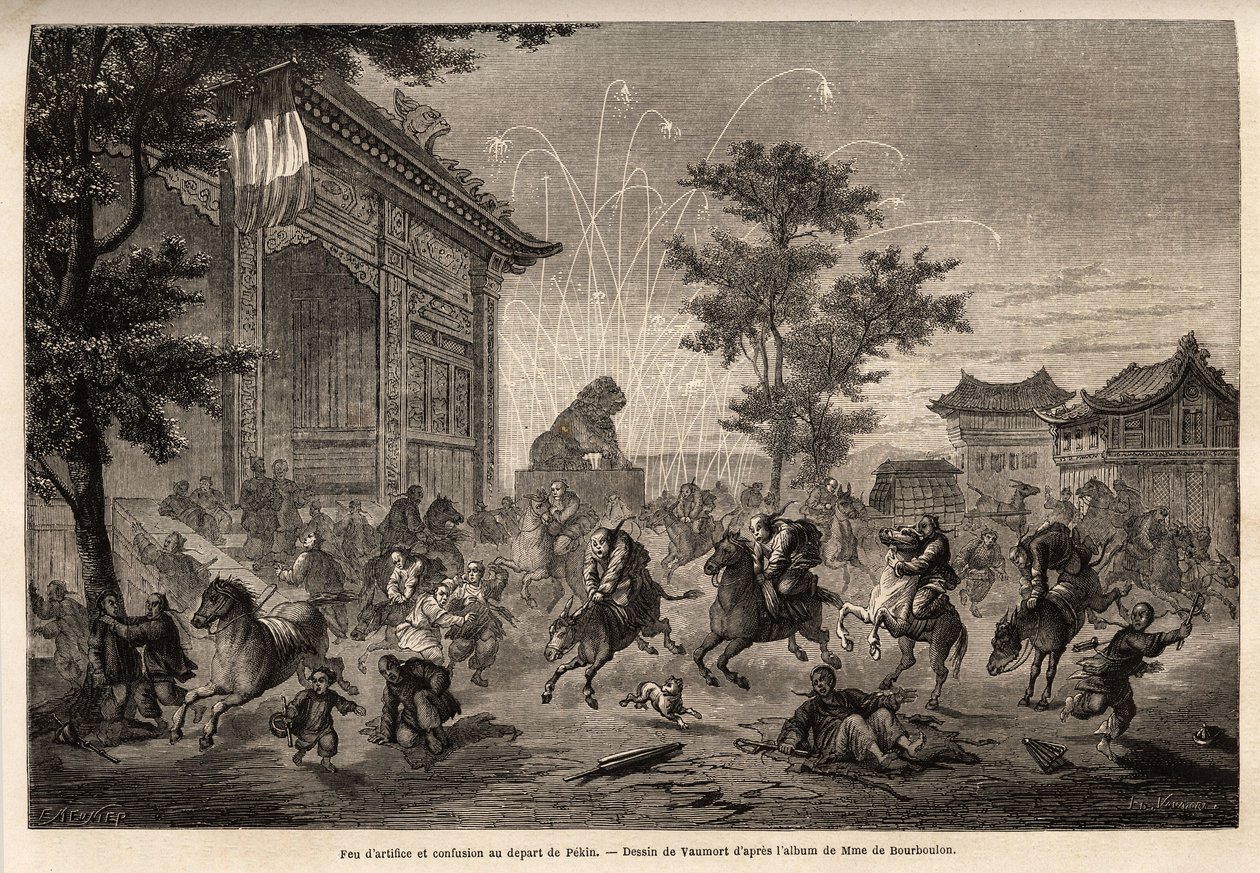 Ilotulitus Pekinissä ja Ranskan lähetystön miehistön hämmennystä lähdössä Mongoliaan. Vaumortin (? -1886) piirros havainnollistaa Ranskan Kiinan ministerin M. de Bourboulonin matkaa Shanghaista Moskovaan vuosina 1859–1862. Kaiverrus tekijältä Edouard Vaumort